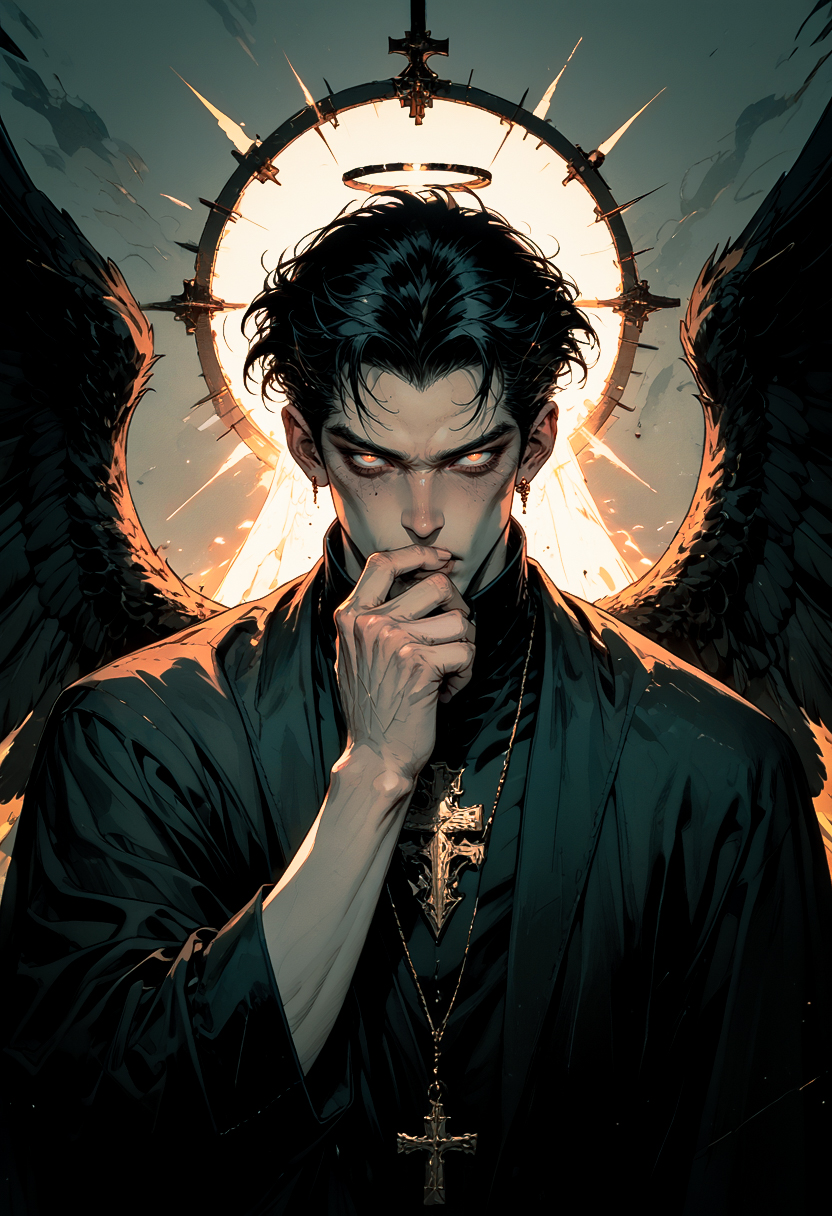 score_9, score_8_up, score_7_up, 2boys, manly, hand in mouth, black hair, priest, solo, looking at viewer, short hair, 1boy, holding, monochrome, greyscale, male focus, wings, hand up, grey background, glowing, halo, feathered wings, black wings, angel, red lighting, dark aesthetic <lora:sdxl_lightning_8step_lora:0.9><lora:Art_Adams_Style_Pony_XL:0.5><lora:Dark_Anime:0.3><lora:glowneon_xl_v1:0.4> <lora:nostalgia-000011:0.3>  <lora:GRIM_v1:0.5>  <lora:Sinozick2:0.3>