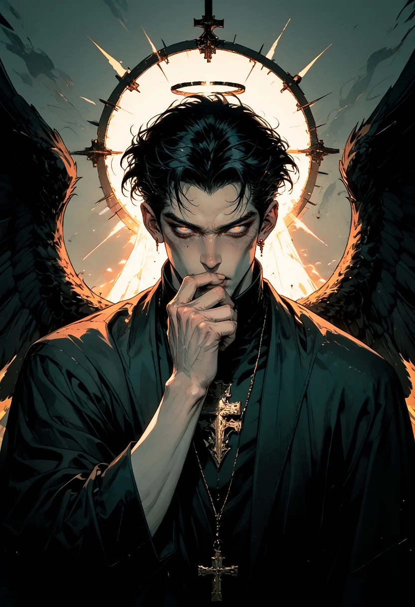 score_9, score_8_up, score_7_up, 2boys, manly, hand in mouth, black hair, priest, solo, looking at viewer, short hair, 1boy, holding, monochrome, greyscale, male focus, wings, hand up, grey background, glowing, halo, feathered wings, black wings, angel, red lighting, dark aesthetic <lora:sdxl_lightning_8step_lora:0.9><lora:Art_Adams_Style_Pony_XL:0.5><lora:Dark_Anime:0.3><lora:glowneon_xl_v1:0.4> <lora:nostalgia-000011:0.3> <lora:GRIM_v1:0.5> <lora:Sinozick2:0.3>