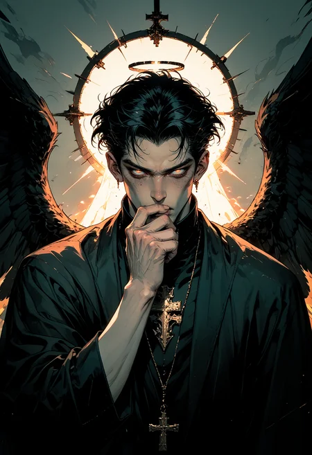 score_9, score_8_up, score_7_up, 2boys, manly, hand in mouth, black hair, priest, solo, looking at viewer, short hair, 1boy, holding, monochrome, greyscale, male focus, wings, hand up, grey background, glowing, halo, feathered wings, black wings, angel, red lighting, dark aesthetic <lora:sdxl_lightning_8step_lora:0.9><lora:Art_Adams_Style_Pony_XL:0.5><lora:Dark_Anime:0.3><lora:glowneon_xl_v1:0.4> <lora:nostalgia-000011:0.3> <lora:GRIM_v1:0.5> <lora:Sinozick2:0.3>