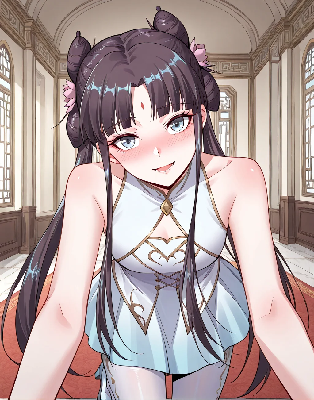 <lora:Gu_Xianer:1>
1 girl, solo, long hair, black hair, twintails, long hair, hair bun, bangs, sidelocks, double bun, blue eyes
chinese dress, forehead mark, skirt, high heels, bare shoulders, white pantyhose, sleeveless, hair flower, hair ornament
score_9, score_8_up, score_7_up, score_6_up, source_anime, rating_explicit, 1girl, solo, smile, embarrassed, alcalose eyes, open mouth, mansion, indoors, looking at viewer, outstretched arms, pov, close-up, (head tilt:1.2)