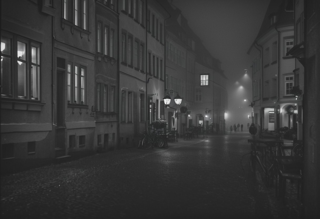 hasselblad, monochrome, instagram photo, in the picture you can see a german old town at night and fog. the streets are illuminated with streetlights and in the sky is the full mod