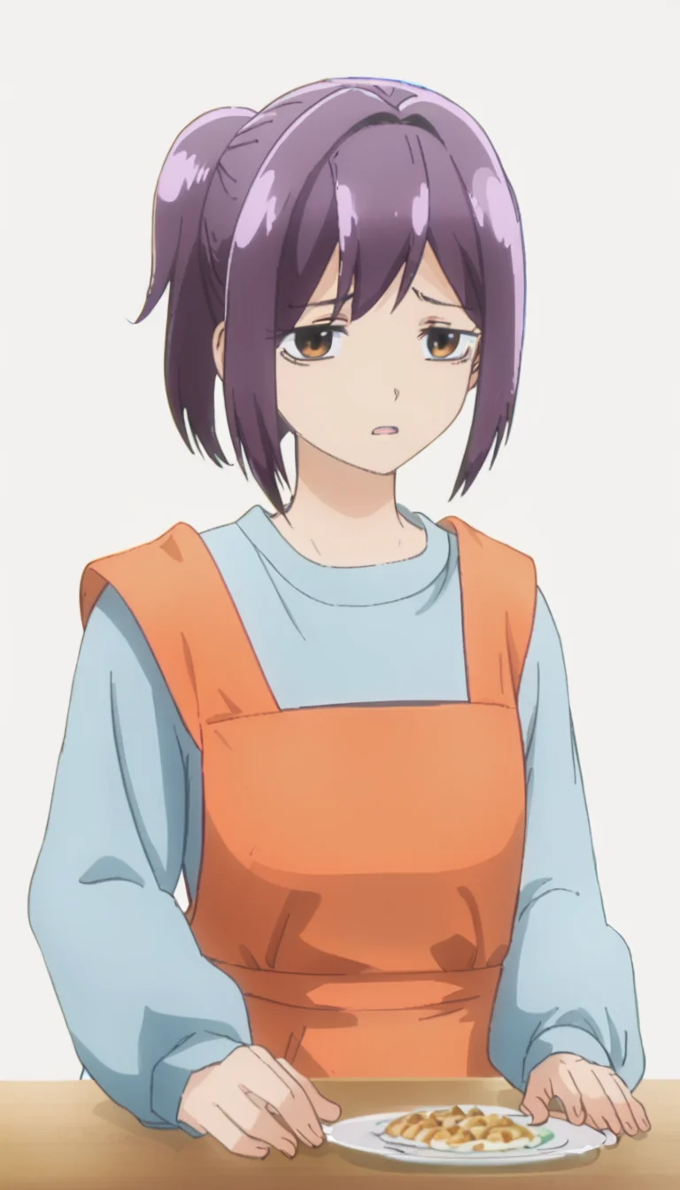1girl,purple hair,brown eyes,ponytail,<lora:Utenas_Mother-000006>,apron,, anime screencap,score_9,simple background,