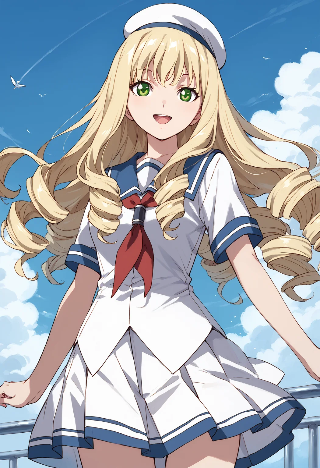 score_9, score_8_up, score_7_up, , score_ANIME , 1girl,adilisia, 1girl, solo,, drill hair, blonde hair, green eyes, long hair, white skirt, pleated skirt, serafuku, smile, sailor hat <lora:adilisia_pony2:1> breasts,  cowboy shot,  looking at viewer, green eyes,  smile ,open mouth,  thighs, blue sky,