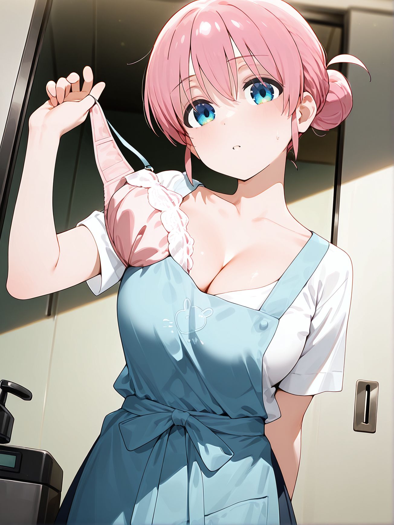 masterpiece, best quality, newest, absurdres, highres, detailed eyes, beautiful, detailed background, perfect eyes, anime coloring, anime screencap,
<lora:removing_bra_under_shirt:1>Taking_off_brav1,
1girl,breasts,
underwear,bra,solo,
taking off bra,
removing bra,
pulling off bra,
standing, 
BREAK
gotoh michiyo,   cleavage, 
blue apron,  skirt, 
bocchi the rock!, official art,
