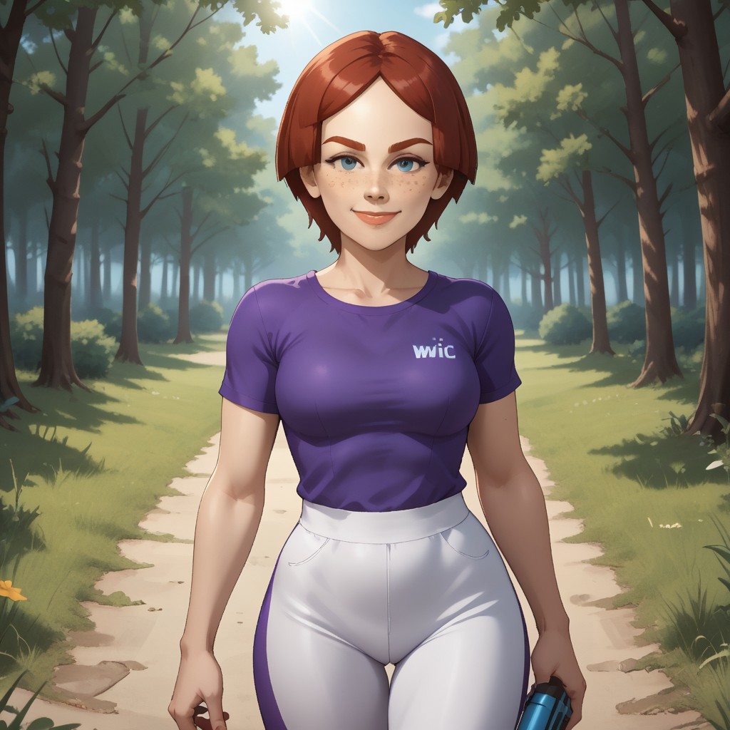 score_9, score_8, BREAK, solo, wii, mii, female mii, wii sports, 1girl, blue eyes, dark red hair, dark red eyebrows, lips, freckles, purple clothing, white pants, shoes, nintendo mii, modern_mii, classic_mii, breasts, Giovanna_(Wii_Sports), adult female, mature female, breasts, sexy pose, self portrait, smile, outdoors, sunlight, shadows, evening lighting, natural lighting, forest, trees, grass, orange sky, sunset