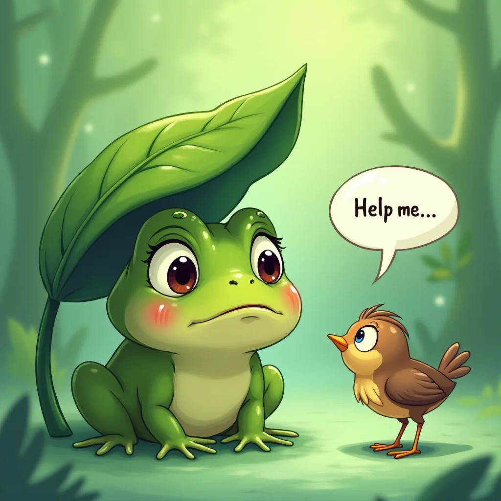 An animated frog crying underneath a leaf, a bird trying to find the frog, speech bubble that says "Help me..."