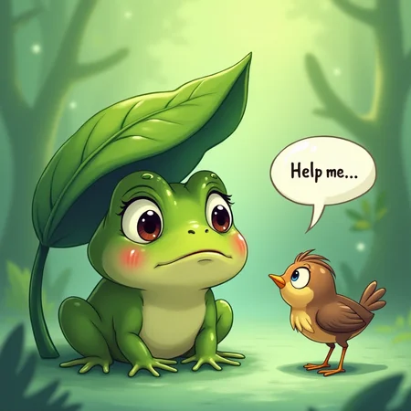 An animated frog crying underneath a leaf, a bird trying to find the frog, speech bubble that says "Help me..."