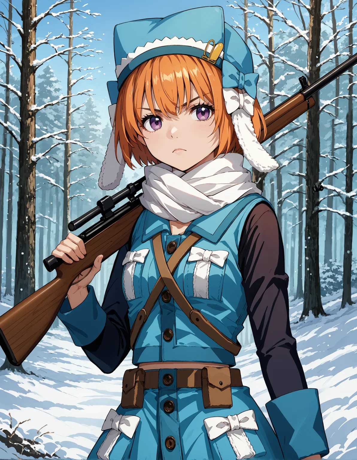 score_9, score_8_up, source_anime, 1girl, upper body, medium shot, detailed, mgrcmiuraasahi, miumgc, orange hair, short hair, purple eyes, blue ushanka hat, yellow hairpin, white scarf, blue buttoned vest, white bows, brown shoulder straps, black sleeves, blue sleeve cuffs, brown belt, blue buttoned skirt, holding rifle, serious, outdoors, forest, winter, snow, <lora:mgrcmiuraasahi_XL:0.9>