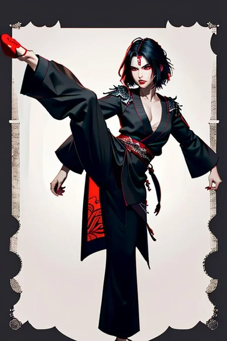 Master piece, highest quality, highest possible OverallDetail, red eyes,
Create an elder of a demonic sect.
The character looks like he is in his late twenties or early thirties. He is handsome.
He has black shoulder-length shaggy hair. 
His eyes are dark red. Detailed face. 
Martial art robes. fighting stance.
Ancestral chinese village.
fighting stance, kicking,high kick,leg lift, standing on one leg, leg up,
1dk
