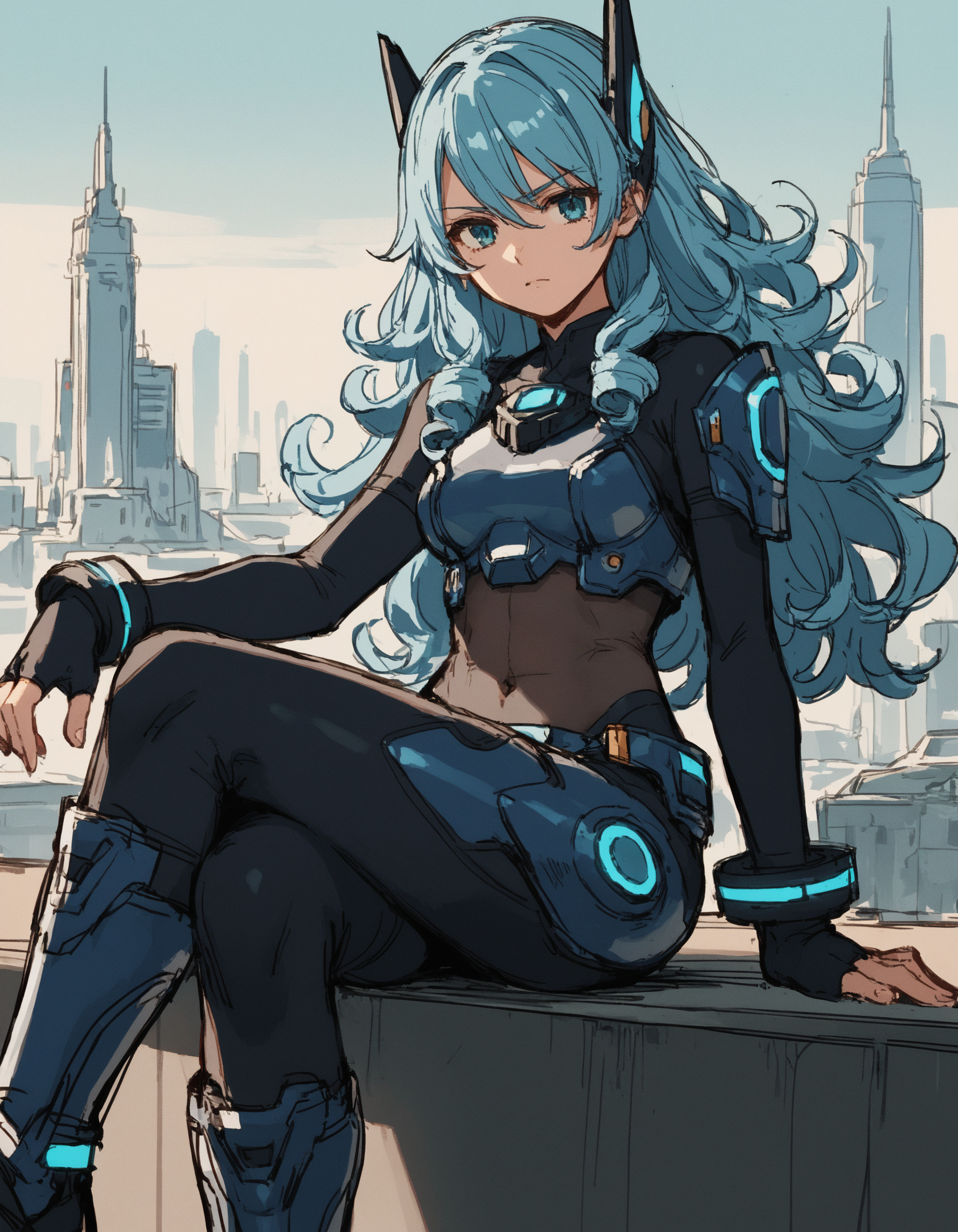 score_9, score_8_up, score_7_up, score_6_up, source_anime, 1girl, bodysuit, curly hair, long hair,  skyline, armor,  light blue hair, glowing,  crossed legs, see-through midriff,   <lora:GunvoltAraki:1> Azure Striker Gunvolt(Araki),sketch,