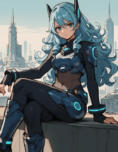 score_9, score_8_up, score_7_up, score_6_up, source_anime, 1girl, bodysuit, curly hair, long hair,  skyline, armor,  light blue hair, glowing,  crossed legs, see-through midriff,   <lora:GunvoltAraki:1> Azure Striker Gunvolt(Araki),sketch,