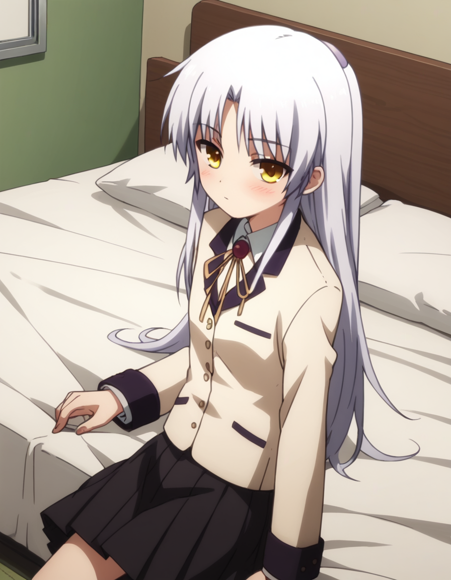 score_9, score_8_up, score_7_up, source_anime,
kanadetachibana, <lora:kanade-tachibana-s1-ponyxl-lora-nochekaiser:1>,
kanade tachibana, long hair, white hair, yellow eyes, 
skirt, school uniform, jacket, blazer, skirt, black skirt, pleated skirt, long sleeves,
indoors, bed, bed room, on side, blush, drunk,
looking at viewer, solo, cowboy shot, dutch angle,