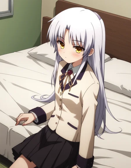 score_9, score_8_up, score_7_up, source_anime,
kanadetachibana, <lora:kanade-tachibana-s1-ponyxl-lora-nochekaiser:1>,
kanade tachibana, long hair, white hair, yellow eyes, 
skirt, school uniform, jacket, blazer, skirt, black skirt, pleated skirt, long sleeves,
indoors, bed, bed room, on side, blush, drunk,
looking at viewer, solo, cowboy shot, dutch angle,