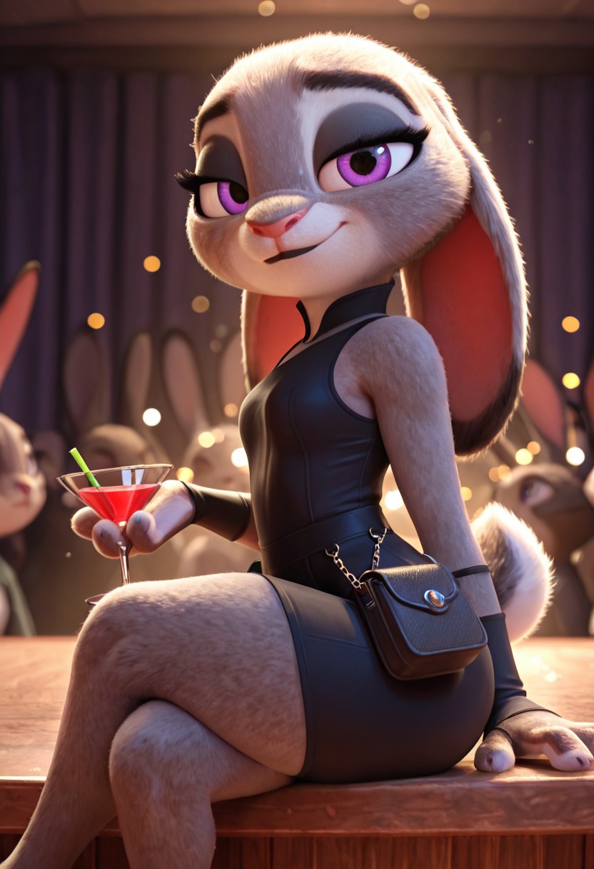 masterpiece, best quality, absurdres, highres, high quality, highly detailed, amazing quality, detailed background, 3d, photorealistic, (bokeh:1.3), official art, Hoovesart, 3d, gloss_(hotglossed), 
solo, (shortstack:1.5), JudyHopps, solo, furry female, rabbit girl, rabbit ears,( ears down:1.5), JudyH,1girl,solo,furry female,rabbit girl,rabbit ears,purple eyes,animal nose,body fur,two-tone fur,grey fur,white fur,rabbit tail, small breasts, wide hips, black eyeshadow, black lipstick, two-tone fur, grey fur, white fur, rabbit tail, close-up, cowboy shot, 
little black dress, tight dress, side-eye to viewer, lidded eyes, sultry, smirk, holding small purse, drinking from martini glass, sitting, crossed legs ((one leg raised over the other)), side-view, from side, , , , indoors, palace dance room, fancy crowd, crowded, people in background, well-lit, fill light, (close-up:1.5), closeup,