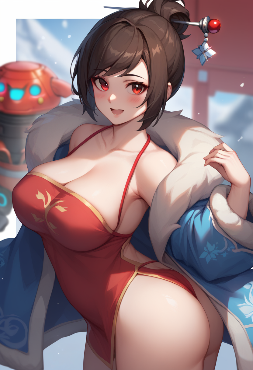 score_9,score_8_up,score_7_up,<lora:dudou:1>,dudou, mei (overwatch), 1girl, solo, breasts, hair stick, hair ornament, blush, large breasts, fur trim, red eyes, looking at viewer, ass, black hair, chinese clothes, coat, bare shoulders, brown hair, smile, robot, cleavage, character name, collarbone, fur coat, open mouth, winter clothes, short hair