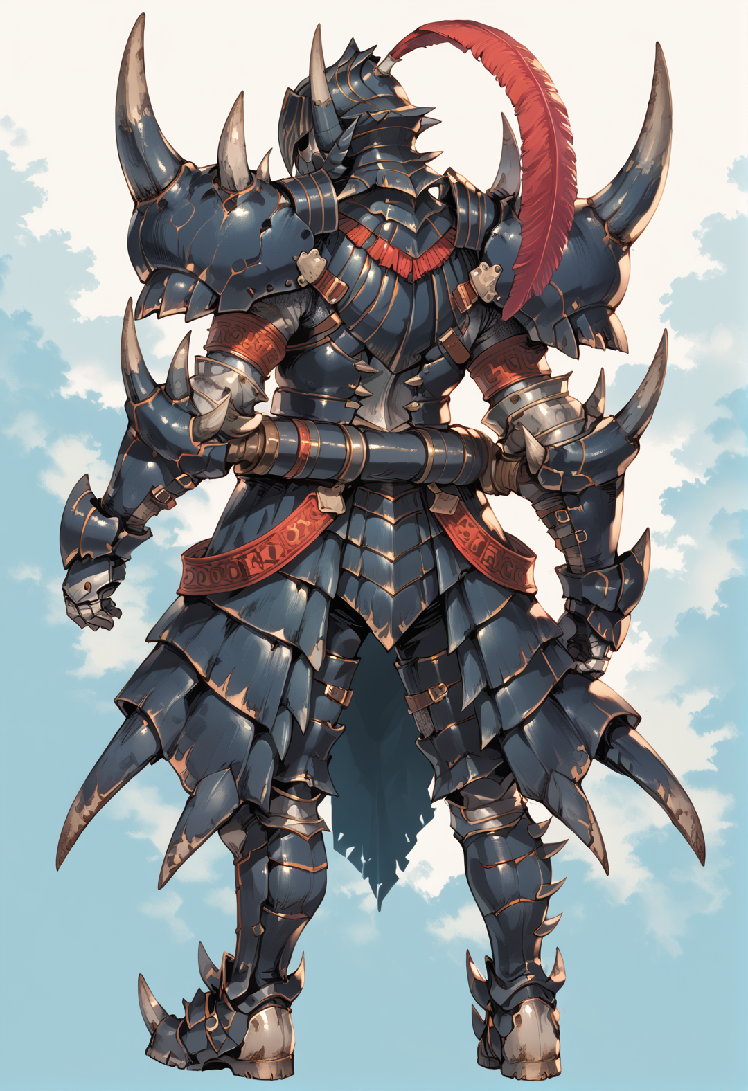 (score_9:0.9),score_8_up,score_7_up,rating_safe,anime style,(zPDXL),<lora:Akantor armor - male ponyXL v1:0.8>,akantor armor, solo, full armor, standing, blue background, black helmet, 1boy, red feather, black armor boots, black armor skirt, black gauntlets, black shoulder armor, from behind, facing away, full body, covered face