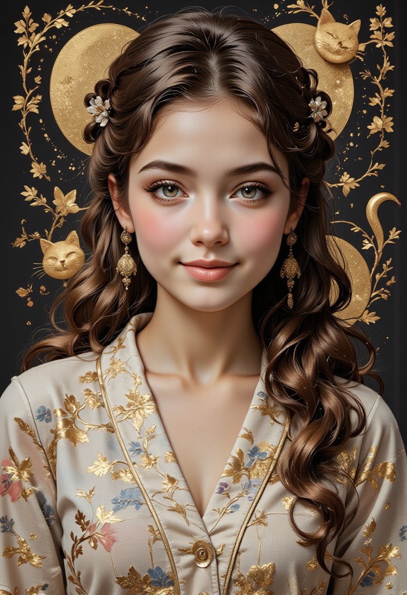 score_9, score_8_up, score_7_up, realistic, petite, (big beautiful eyes:1.2), gorgeous girl, slim body, small perky breast, 8K, Masterpiece, best quality, 1 girl, 25 years, solo, blue eyes, long wavy hair, watercolors, japanese ancient calligraphy in the shape of a cat, dynamic angle, Dutch angle, smile, dark theme, Midjourney style, Anke, Be_luminous, background