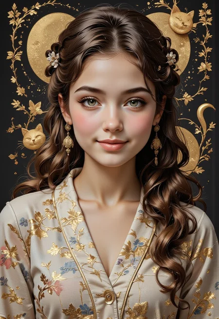 score_9, score_8_up, score_7_up, realistic, petite, (big beautiful eyes:1.2), gorgeous girl, slim body, small perky breast, 8K, Masterpiece, best quality, 1 girl, 25 years, solo, blue eyes, long wavy hair, watercolors, japanese ancient calligraphy in the shape of a cat, dynamic angle, Dutch angle, smile, dark theme, Midjourney style, Anke, Be_luminous, background