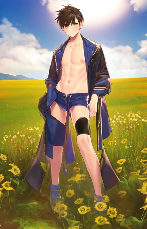 1boy, man, shorts, navel, colorful eyes, meadow, solo, shirtless, open jacket