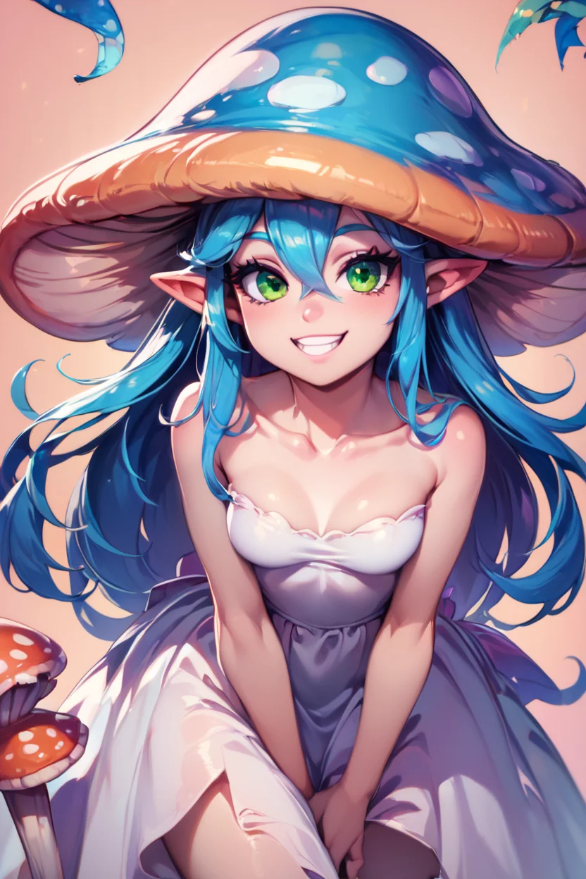score_9, score_8_up, score_8, medium breasts, (curvy), cute, eyelashes, zzMushroomGirl, long hair, looking at viewer, smile, simple background, hair between eyes, green eyes, blue hair, collarbone, small breasts, teeth, pointy ears, leaning forward, white dress, <lora:MushroomGirlP2:0.8>, <lora:Vivid:0.7>, <lora:princess_xl_v2:0.6>, embedding:zPDXL,