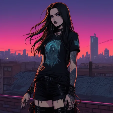 Gothic style <lora:Gothicanimegirls:1>A tattooed dark fantasy woman standing triumphantly on a rooftop, her long hair whipping in the wind. She wears a tattered band tee and combat boots, with a cityscape illuminated by neon signs stretching out behind her. The shot is taken from a side angle at sunset, with her shadow stretching dramatically across the rooftop. Ultra detailed textures and colores, highly vibrant image. . Dark, mysterious, haunting, dramatic, ornate, detailed