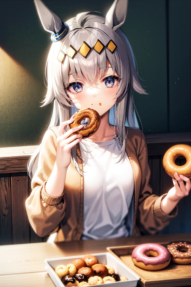masterpiece, best quality,
oguri cap \(umamusume\),
white shirt, light brown cardigan, open clothes,
eating doughnut, holding food, doughnut on tray, sitting,
upper body,
<lora:oguri_cap_lora-000007:0.7>