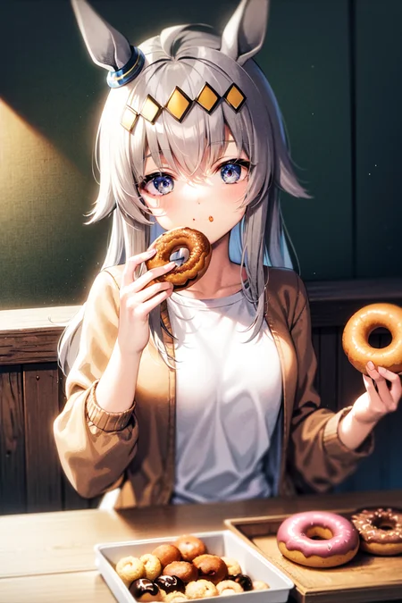 masterpiece, best quality,
oguri cap \(umamusume\),
white shirt, light brown cardigan, open clothes,
eating doughnut, holding food, doughnut on tray, sitting,
upper body,
<lora:oguri_cap_lora-000007:0.7>