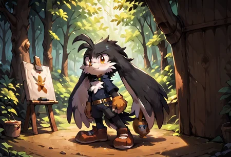 score_9, score_8_up, score_7_up, score_6_up, score_5_up, score_4_up, <lora:Klonoa_Character_PonyXL:0.8> , Klonoa, two long ears, fur, anthro, Klonoa, g5, rich colors, forest operations, forest, thicket, communal appearance , presents a painting of rabbits and pony, aroused, front view, detailed background, detailed, 8k quality, side view, beautiful, teasing, easel and brushes, leaned to the floor, freely actions,
