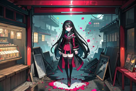 highly insanely detailed, masterpiece, top quality, best quality, highres, 4k, 8k, RAW photo, (very aesthetic, beautiful and aesthetic),  
beth_\(megami_tensei\),bethsmtii,shin megami tensei ii,long hair,black hair,straight hair,sleek black,jewelry,cross,headband,red_lipstick,Tokyo_Millennium,post-apocalyptic_city,dystopian_world,Arcadia,Utopian_district,demon-free_zone,false_paradise,Private_mansion,guarded_residence,elite_dwelling,Order_of_Messiah,Religious_order,messianic_cult,divine_rulers,Great_Cataclysm,World_ending_event,apocalyptic_disaster,city_rebirt, 
<lora:zs_Beth:0.3>, 
(1girl:1.3), 1other, 
Majestic Baroque halls,neon cyan background,neon pink background,(bold color background,colored confetti background),âââ