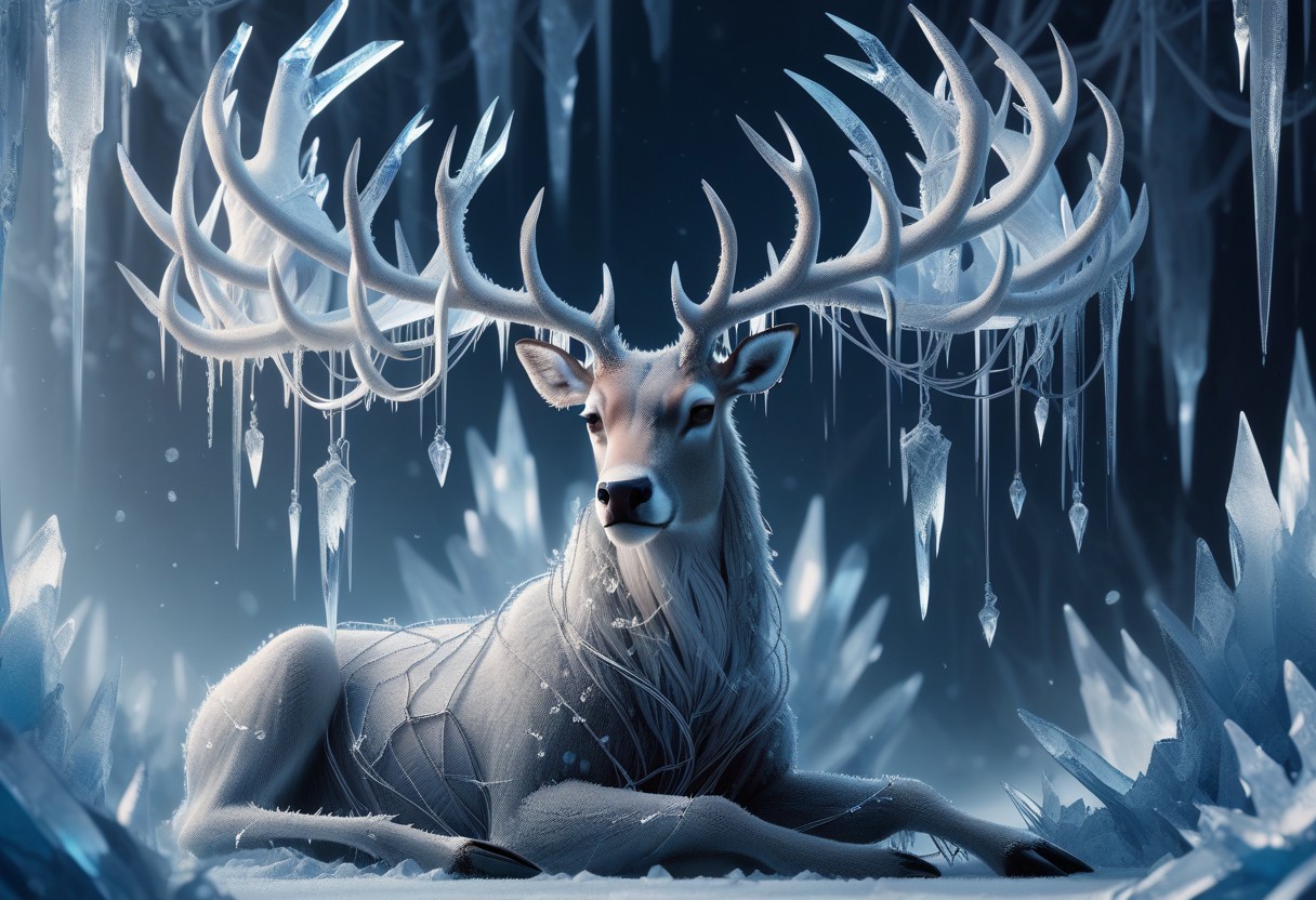 score_9, score_8, score_7, 1ce, ice, animal, stag, deer, antlers, silver wire, blue theme,