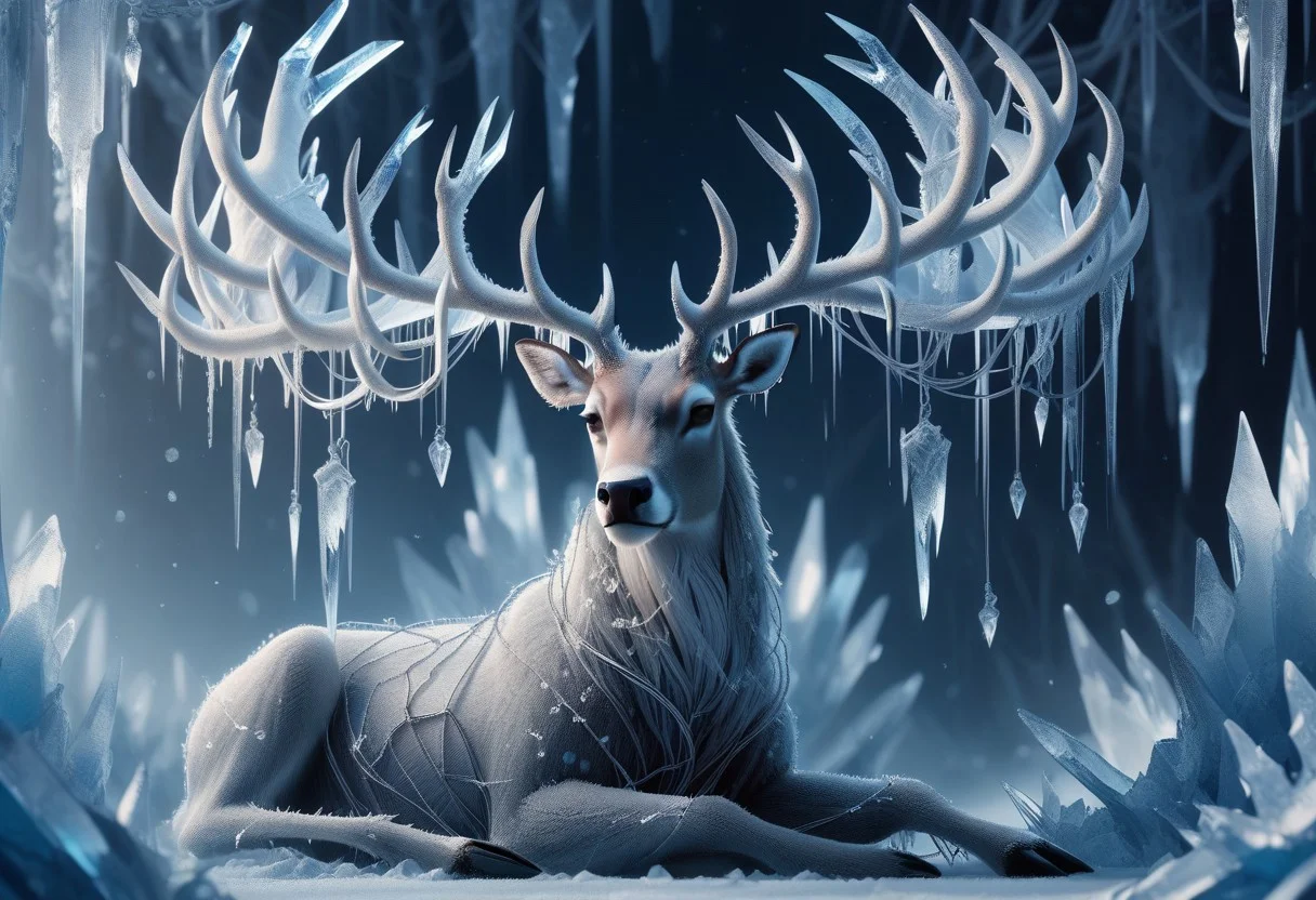 score_9, score_8, score_7, 1ce, ice, animal, stag, deer, antlers, silver wire, blue theme,