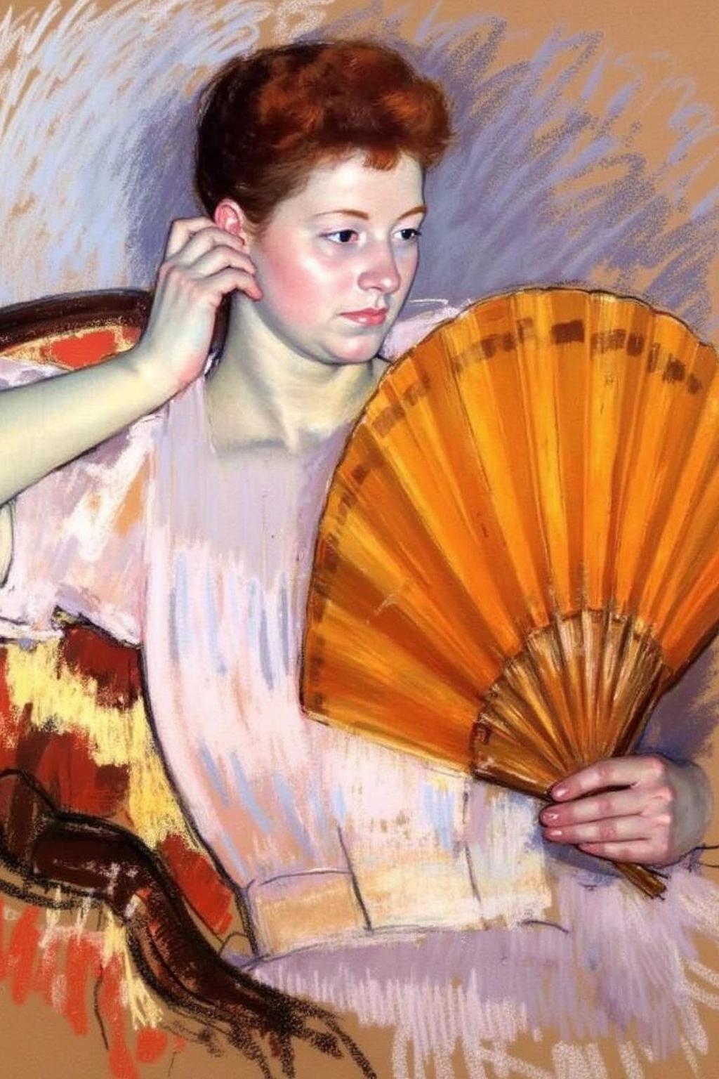 marycassatt2 drawing.
A woman is sitting on a sofa, her head slightly tilted as she looks at a fan held in her right hand. She is dressed in a light pink dress with delicate detailing. <lora:marycassatt2_cap_d6a3:1.0><lora:840617600820991069:0>
