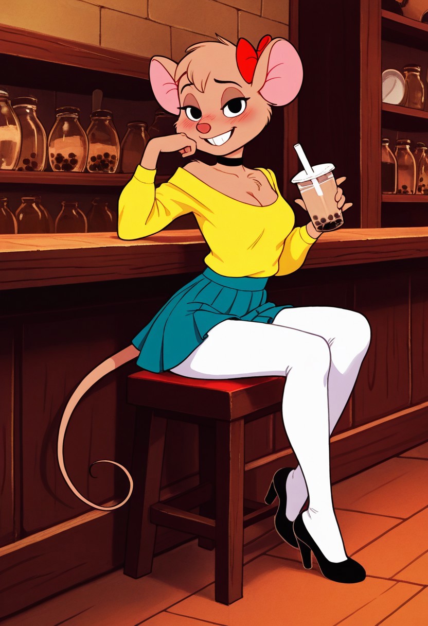 masterpiece, best quality, absurdes, 1girl, solo,
(source furry), full body,
<lora:Olivia Flaversham (The Great Mouse Detective) (Pony):1.2>
Olivia_F, furry female, body fur, brown fur, animal nose, mouse ears, animal ears, (hair bow), short hair, tail, smile,
choker, grin, teeth,
white leggings, pleated skirt, shirt, cleavage, off shoulder, ((very tight clothes, tight clothes)),
high heels, 
sitting,
indoors, (detailed background), cafe, bubble tea,
looking at viewer, coy smile, flirtatious look,
sultry expression, blush,
 <lora:Detailer_NoobAI_Incrs_v1:0.4> detailed,