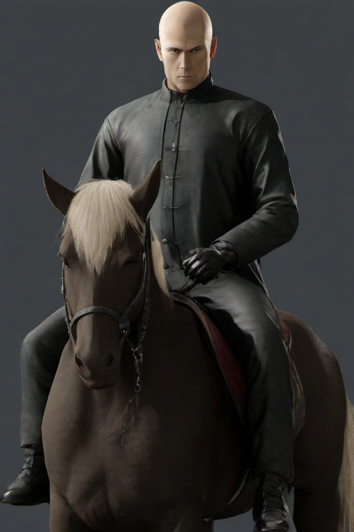 masterpiece,high quality,
 <lora:PE_Hitman47:0.8>  PEHitman,bald,
sitting on a pony