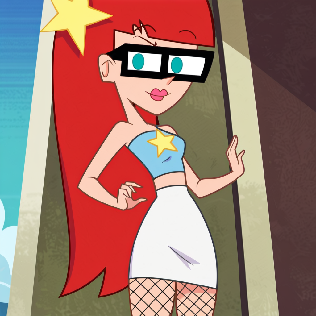 score_9, score_8_up, score_7_up, 1girl, red hair, glasses, blue eyes, style parody, long hair, blunt bangs, lipstick, star hair ornament, small breasts, narrow waist, wide hips, looking at viewer, tube top, miniskirt, fishnets, thick thighs, highres, high quality, masterpiece, <lora:Susan_Test_Reboot:1> <lora:flat_color_anime_xl:1>
