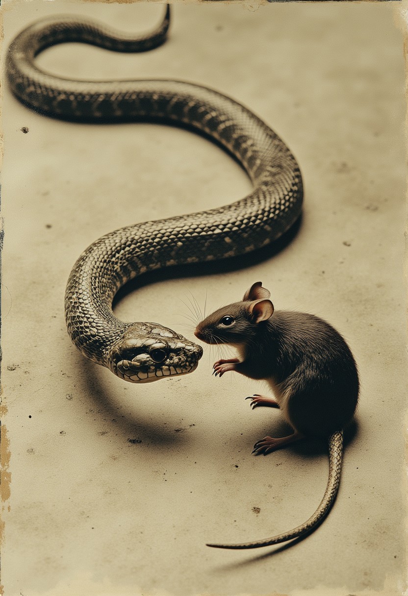Multiple exposure in the style of Eadweard Muybridge, a snake attempting to bite a mouse. aidmamj6.1