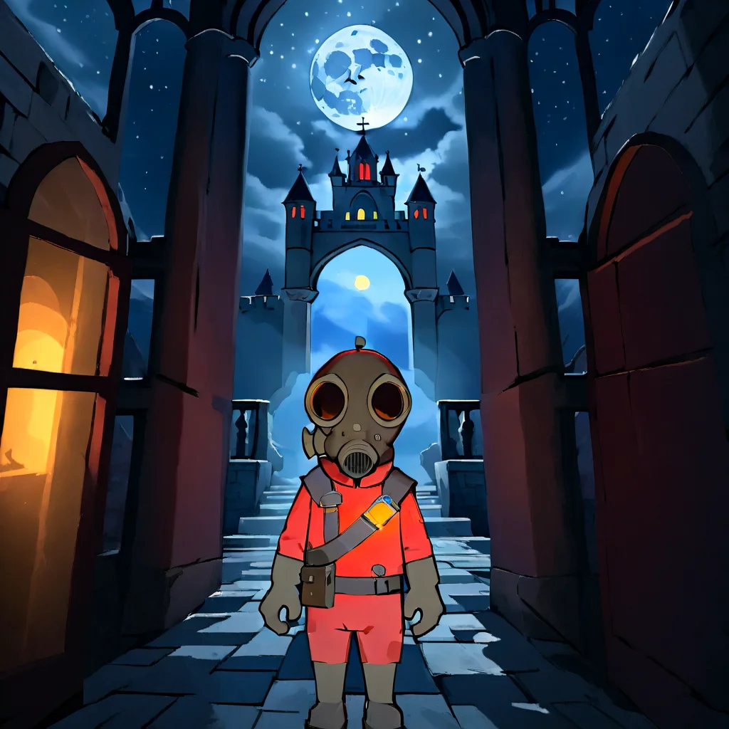 award winning photo, in the (dark:1.3), (deep shadow:1.3), creepy, scary, best quality, highres, 1boy, solo, tf2pyro, redteam, red jacket, gas mask, (in a gothic castle), ((moonlight)), light particles, intricate details, window in the background, dynamic angle, slight smile, (night:1.4), <lora:tf2pyroloraXL:1>,<lora:anpan:0.75>