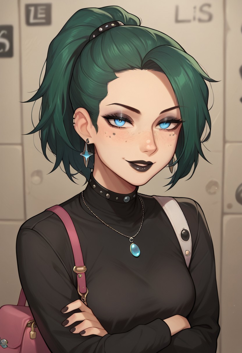 (score_9, score_8_up, score_7_up), source_anime, detailed eyes, high gradient eyes, detailed background, solo,score_9, score_8_up, score_7_up, 
1female, 26 years old, green hair, hair in ponytail, petite, slim, blue eyes, perky breasts, (pretty face), ((freckles, big freckles)), sultry, seductive, bedroom eyes half closed eyes, coy smile,eyes looking slightly up, eyeshadow, dark lipstick, naughty smile, punk girl, seductive look, curvy thighs, blue eyes,  arms crossed, long black sleeve shirt, black shirt, choker, earrings, necklace, pleated skirt, pierced nipple, fishnets, combat boots, tied hair, sidelocks, oiled body, shiny skin, portrait, full body leaning towards viewer, view from the front, Expressiveh, cute pose, bar background, black eyeliner, purse, on the subway, dark subway, lms, Expressiveh