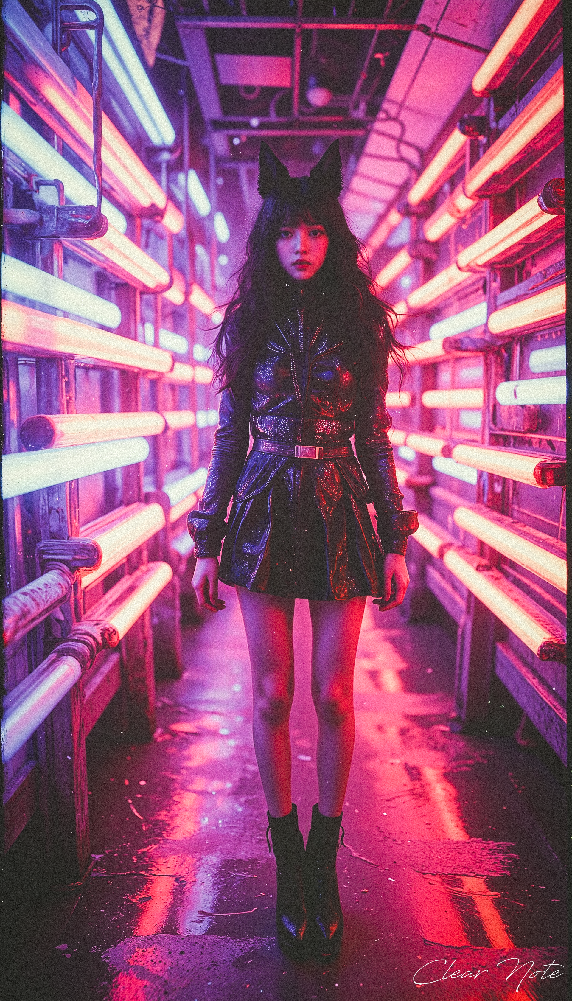Neo Photorealistic Art Style, A Japanese girl with long fox ears and flowing black hair stands confidently in futuristic fashion. Surrounded by a maze of glowing tube lights, she embodies Neo-Japan surrealism, blending avant-garde style with cutting-edge elegance.