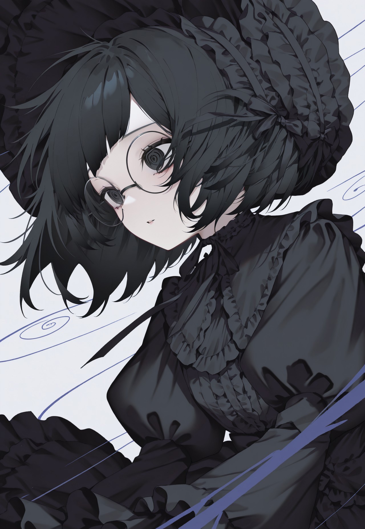 parted lips, round glasses, 

gothic_lolita, 
fluttering wind, fluttering hair, fluttering clothes, doll girl, doll joints,

1girl,  black eyes, black short hair,  multilayered dress, black_dress, lolita_fashion, puffy sleeves, long sleeves, black_frills, 

masterpiece, best quality, newest, absurdres, highres