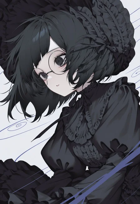 parted lips, round glasses,
gothic_lolita,
fluttering wind, fluttering hair, fluttering clothes, doll girl, doll joints,
1girl, black eyes, black short hair, multilayered dress, black_dress, lolita_fashion, puffy sleeves, long sleeves, black_frills,
masterpiece, best quality, newest, absurdres, highres