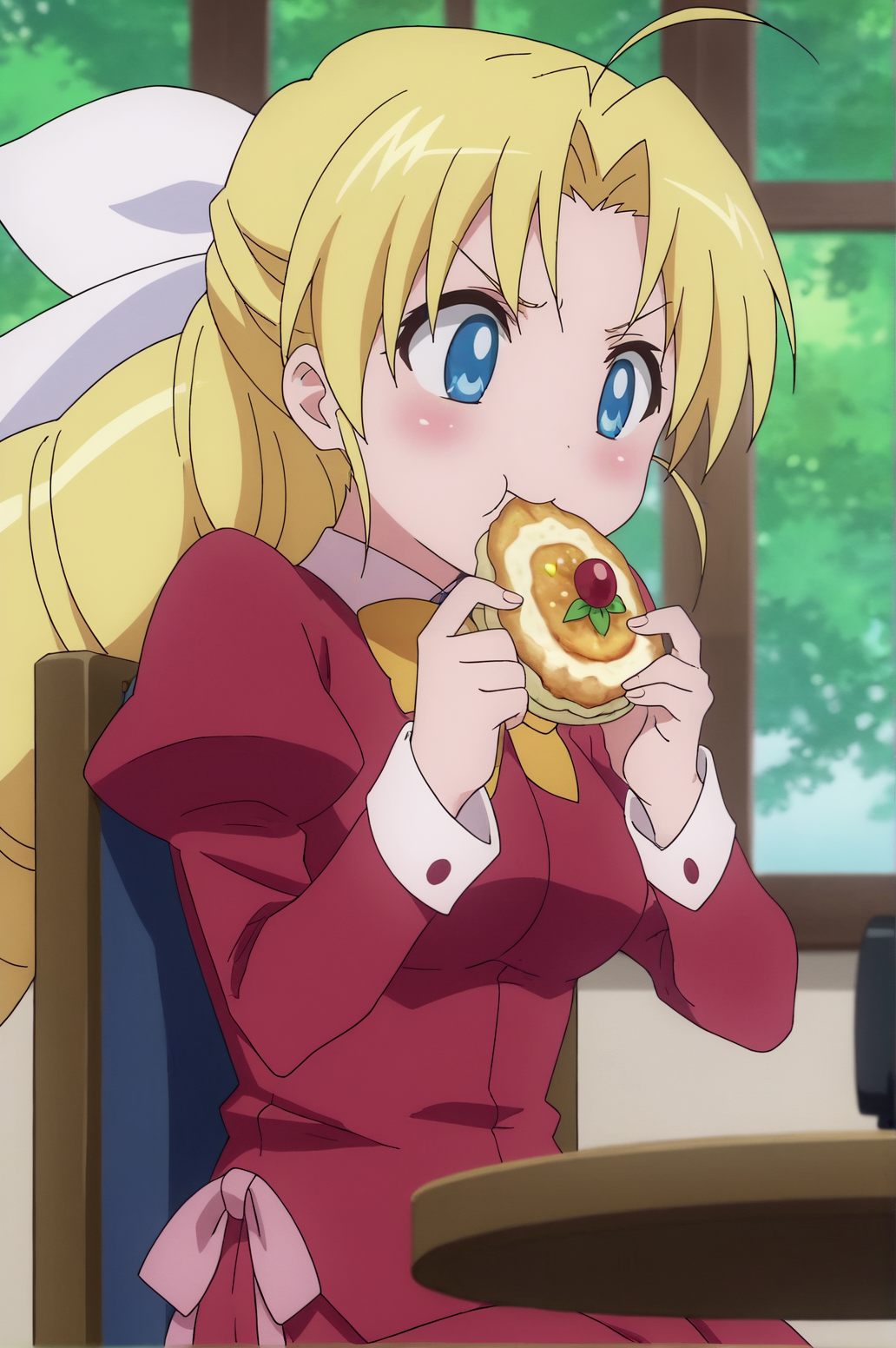 score_9, score_8_up, score_7_up,anime_source, source_anime, best background, detailed background, anime screencap,  Selnia Iori Flameheart, Main Outfit, solo, blush, sitting, table, eating, dynamic angle, dynamic camera, dynamic pose,  <lora:JN_Selnia_Iori_Flameheart:0.8>