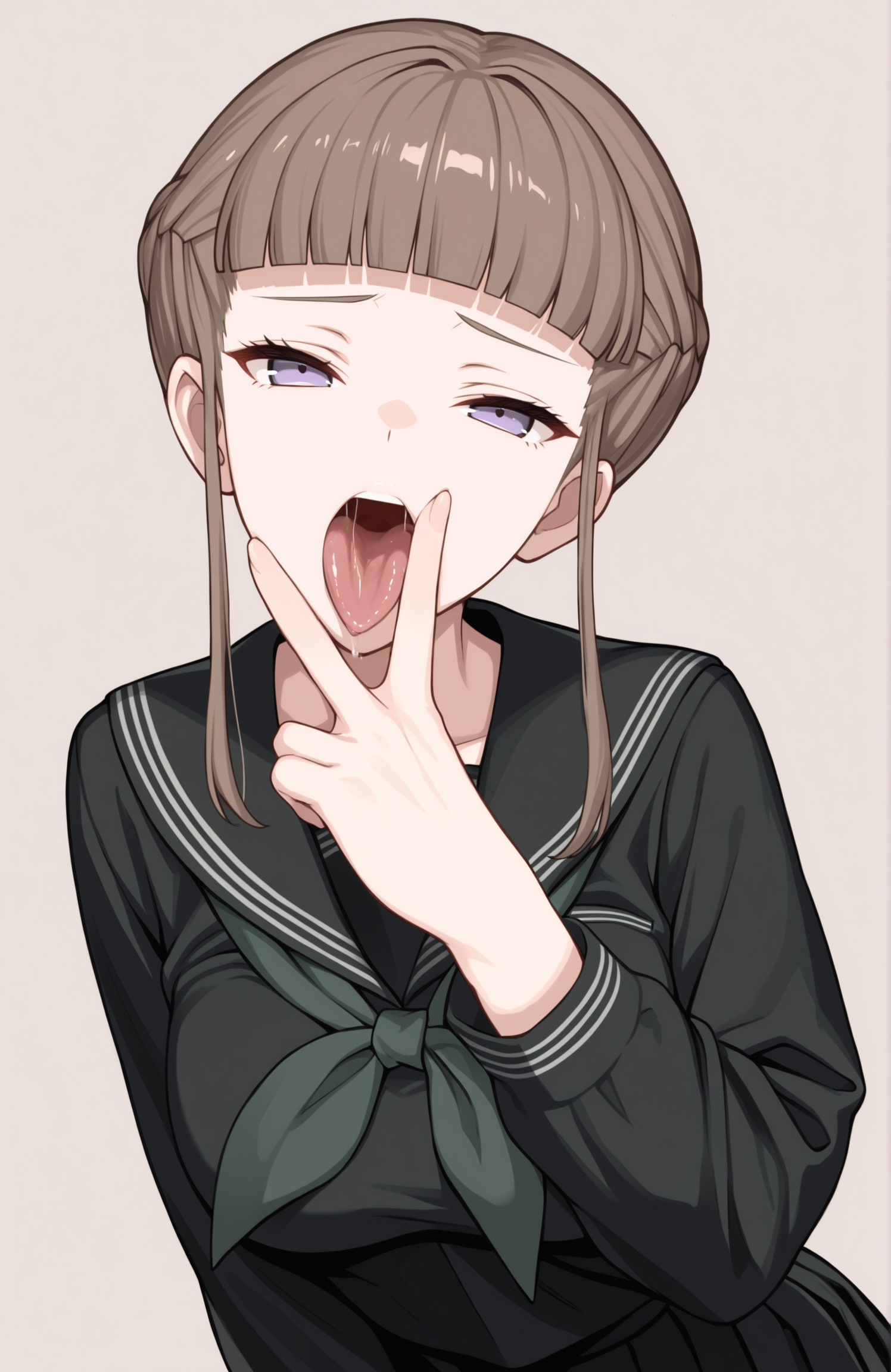 masterpiece, best quality,  1girl, blunt bangs, purple eyes, brown hair, short hair, sidelocks, half up braid, black serafuku, green neckerchief, pleated skirt, black skirt, solo, upper body, simple background, cunnilingus gesture, medium breasts,   <lora:Nemu NXL2:1>