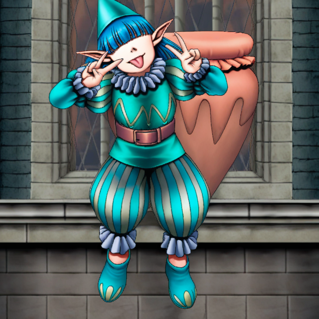 1girl,solo,blue hair,bangs,hair over eyes,pointy ears,hat,ruff collar,shirt,puffy sleeves,belt,striped pants,shoes,tongue out,up close,v