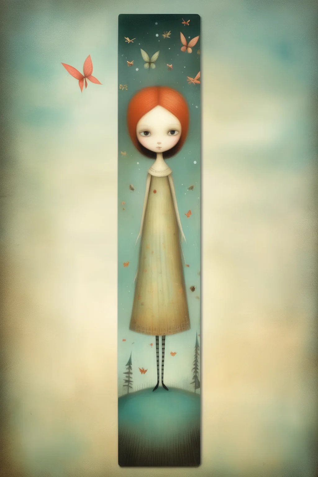 <lora:Tracie Grimwood Style:1>Tracie Grimwood Style - bookmark, by Nicoletta Ceccoli and Jon Klassen, a girl dreaming an enchanted fairy tale