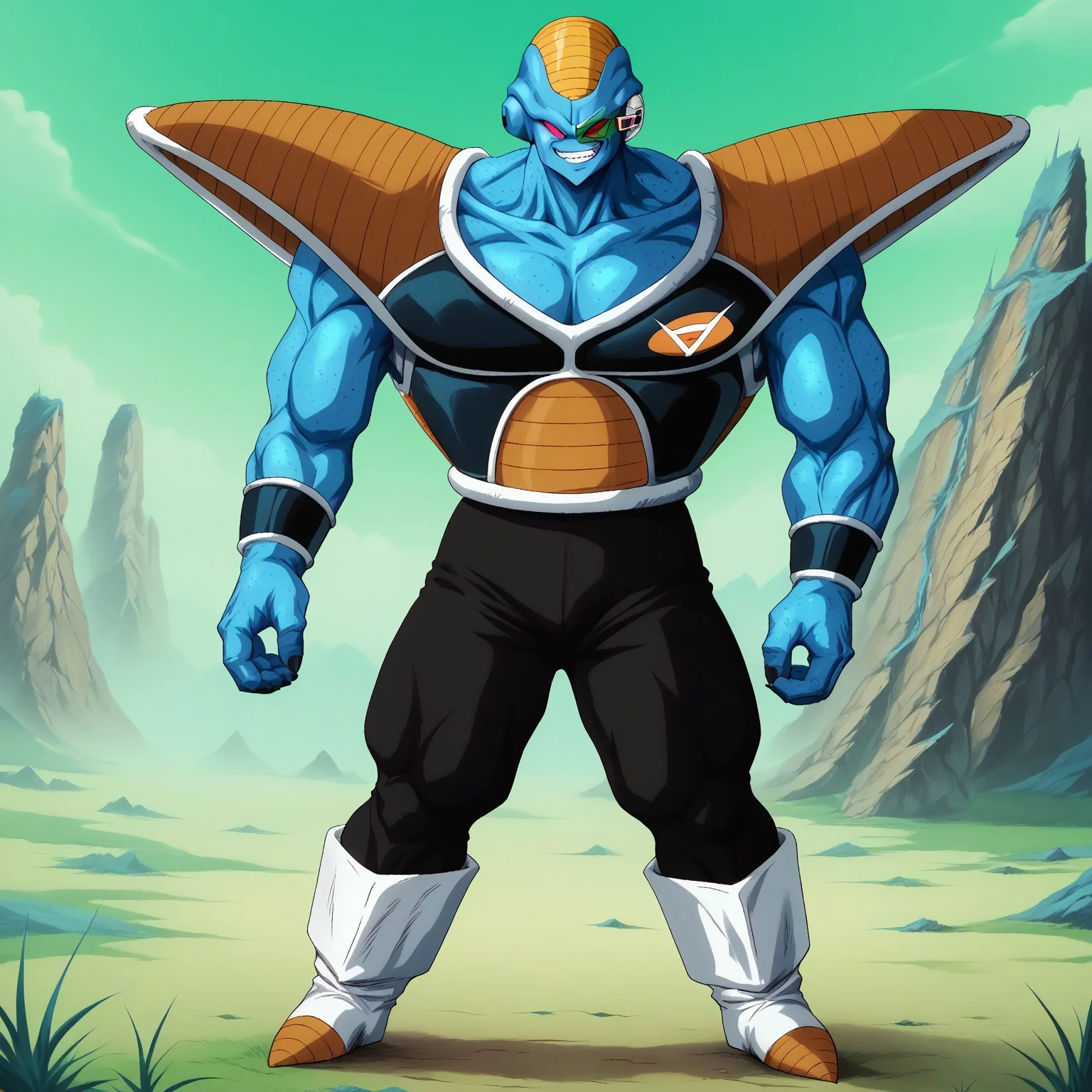 score_9, score_8_up, score_7_up, detailed, burterdb, 1boy, solo, full body, blue skin, red eyes, saiyan armor, muscular, boots, smile, grin, BREAK, outdoors, green sky