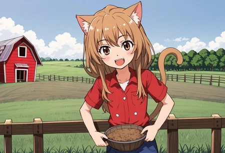 Aisaka_Taiga, 1girl, solo, flat chest, brown_eyes, catgirl, female, farm, field, farmer, wooden house, happy, working, work clothes