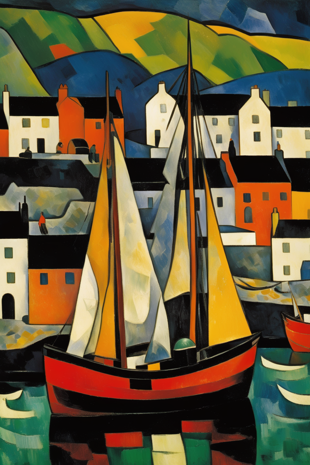 <lora:Maurice de Vlaminck Style:1>Maurice de Vlaminck Style - 102614. A painting by Georges Braque. A painting of Portree Harbour highlights the quaint atmosphere and stunning coastal scenery of this iconic harbor on the Isle of Skye through a captivating fusion of Cubist and Fauvist styles. The colorful waterfront, lined with charming houses and fishing boats, is depicted in fractured shapes and striking colors, while the dramatic cliffs and rolling hills are rendered in contrasting shades of green and blue. The scene conveys a sense of island charm and tranquility, reflecting the essence of Portree Harbour.