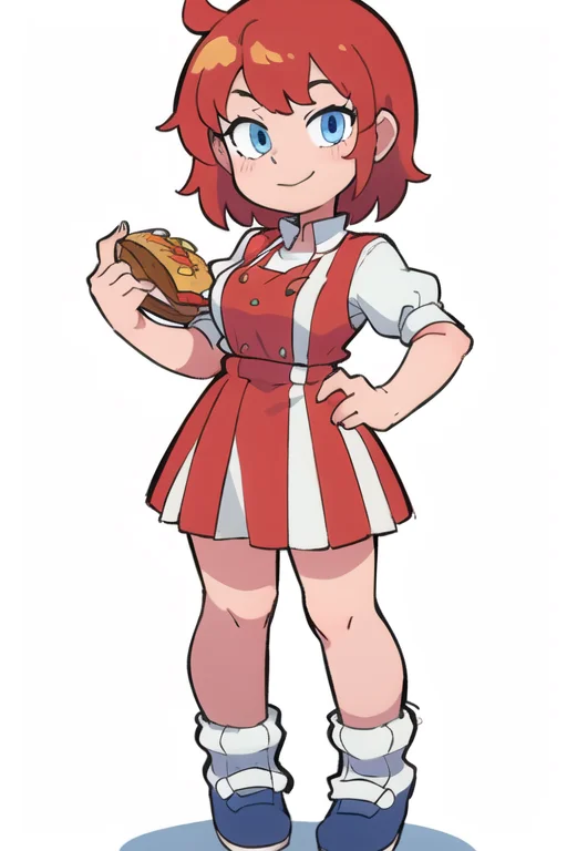 1girl, <lora:WendyW:0.7>, wendyw, striped socks, white and blue dress, red hair, holding a burger