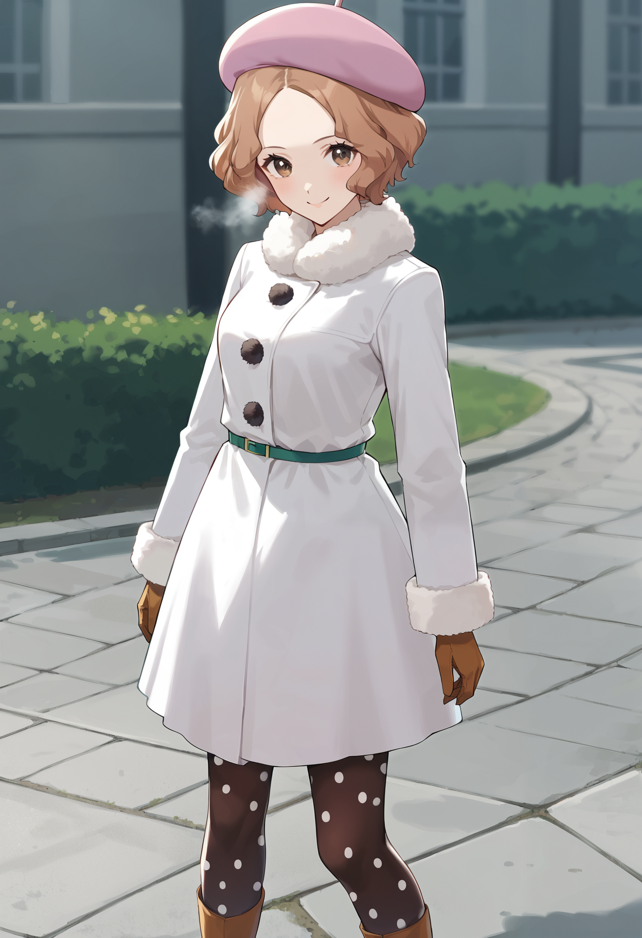 score_9, score_8_up, source_anime
1 girl, solo, cute face,
p5haru, brown hair, short hair, wavy hair,
p5haru-wintercas2, beret, pink beret, long coat, thin belt, green belt, gloves, red pantyhose,  polka dot legwear, ankle boots, side-zip boots, 
outside, park, cold, foggy breath, looking at viewer, smiling, cowboy shot, from side,
masterpiece, best quality, ultra detailed,